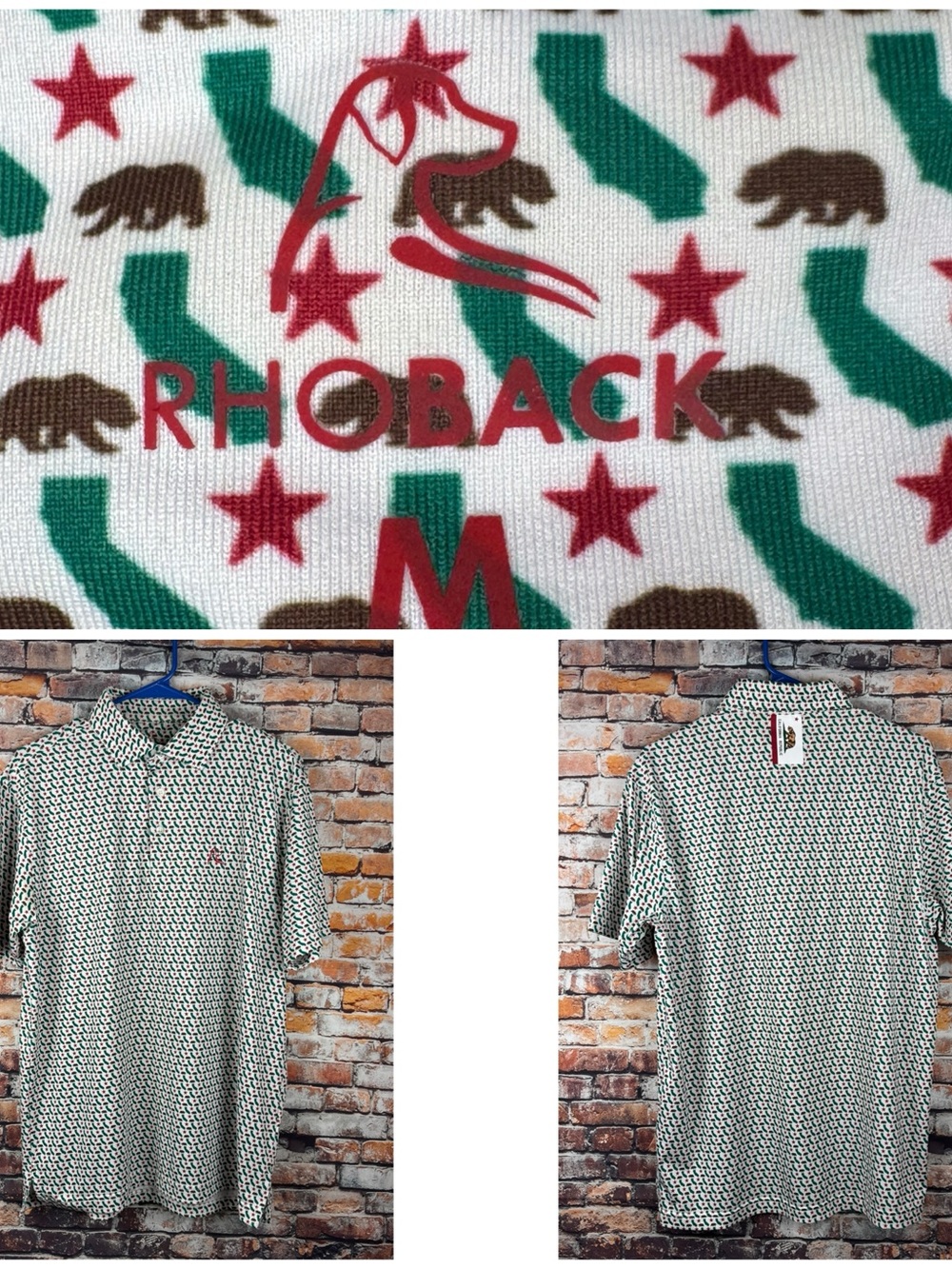 Rhoback Men's California Republic Print Performance Golf Polo Short Sleeve M